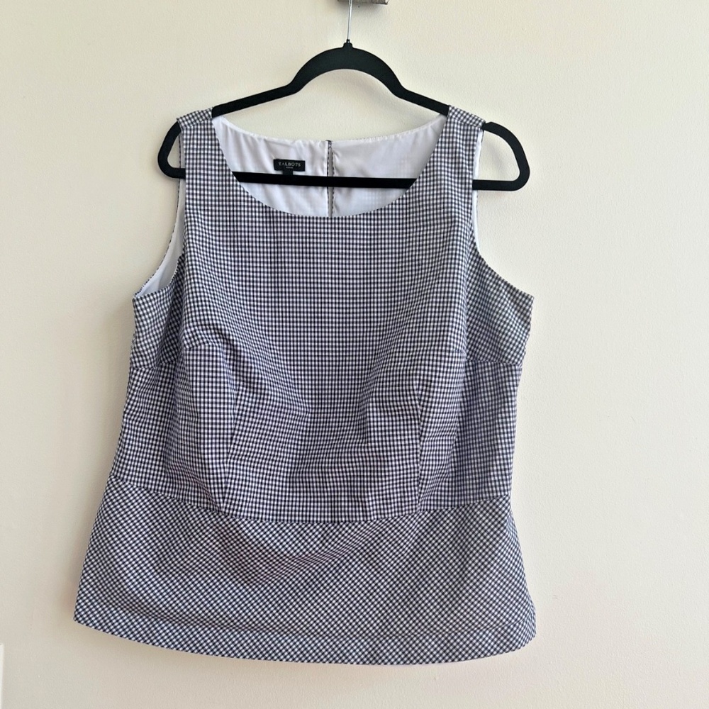 Talbots Women's Top Blouse 14W Blue Gingham Peplum Plus Side Zipper Lined